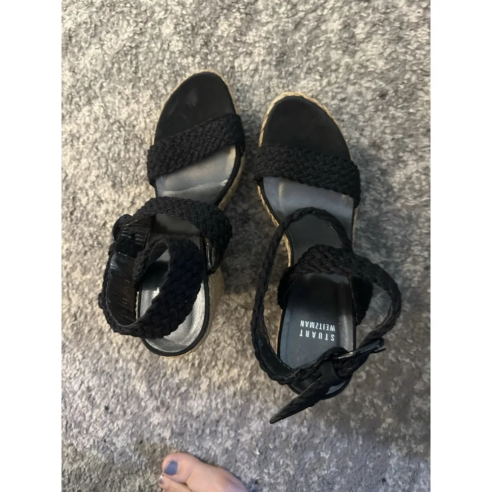 Stuart Weitzman Strappy Espadrille Platform Wedge Sandals size 10.5 black tan